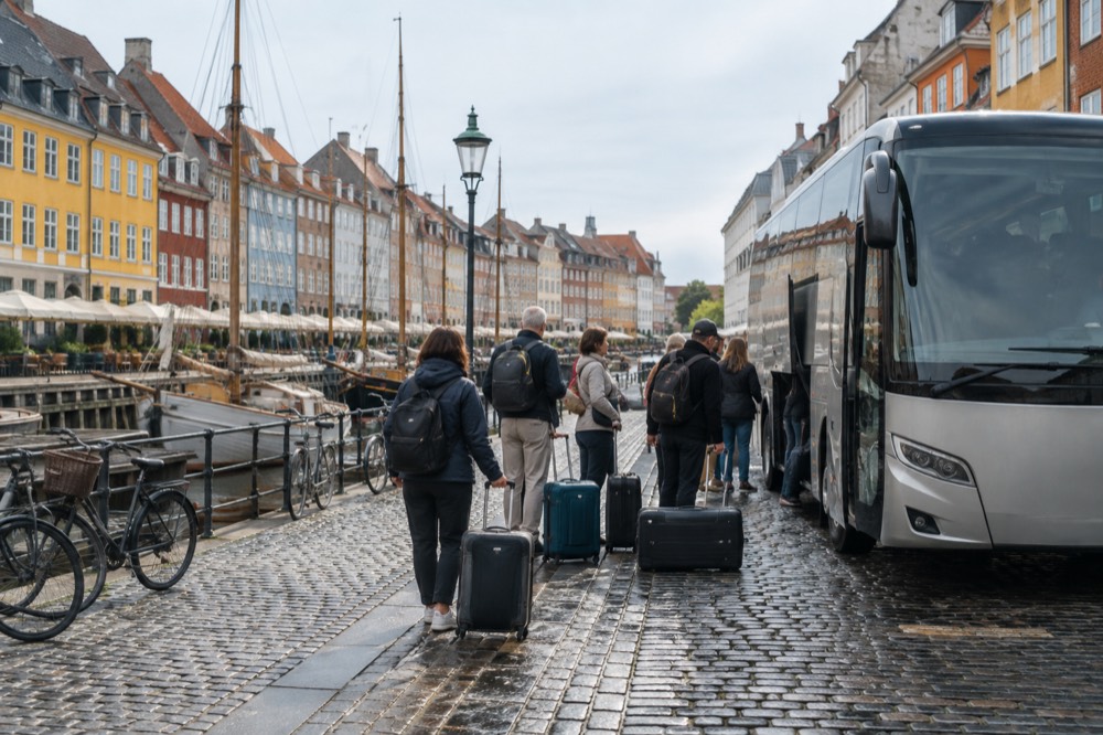 A tour coach parked on a cobblestone street with passengers waiting with luggage