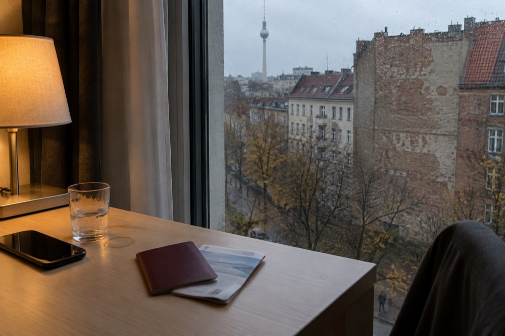 A passport and a folded booking confirmation on a desk beside a phone in a hotel room