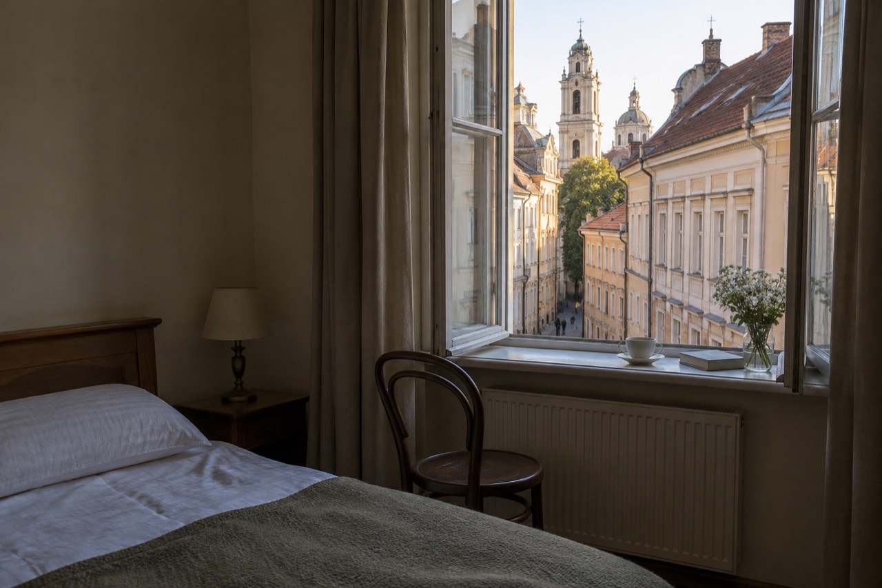 A single hotel room in Europe with one bed, a chair by the window and morning light on old buildings outside