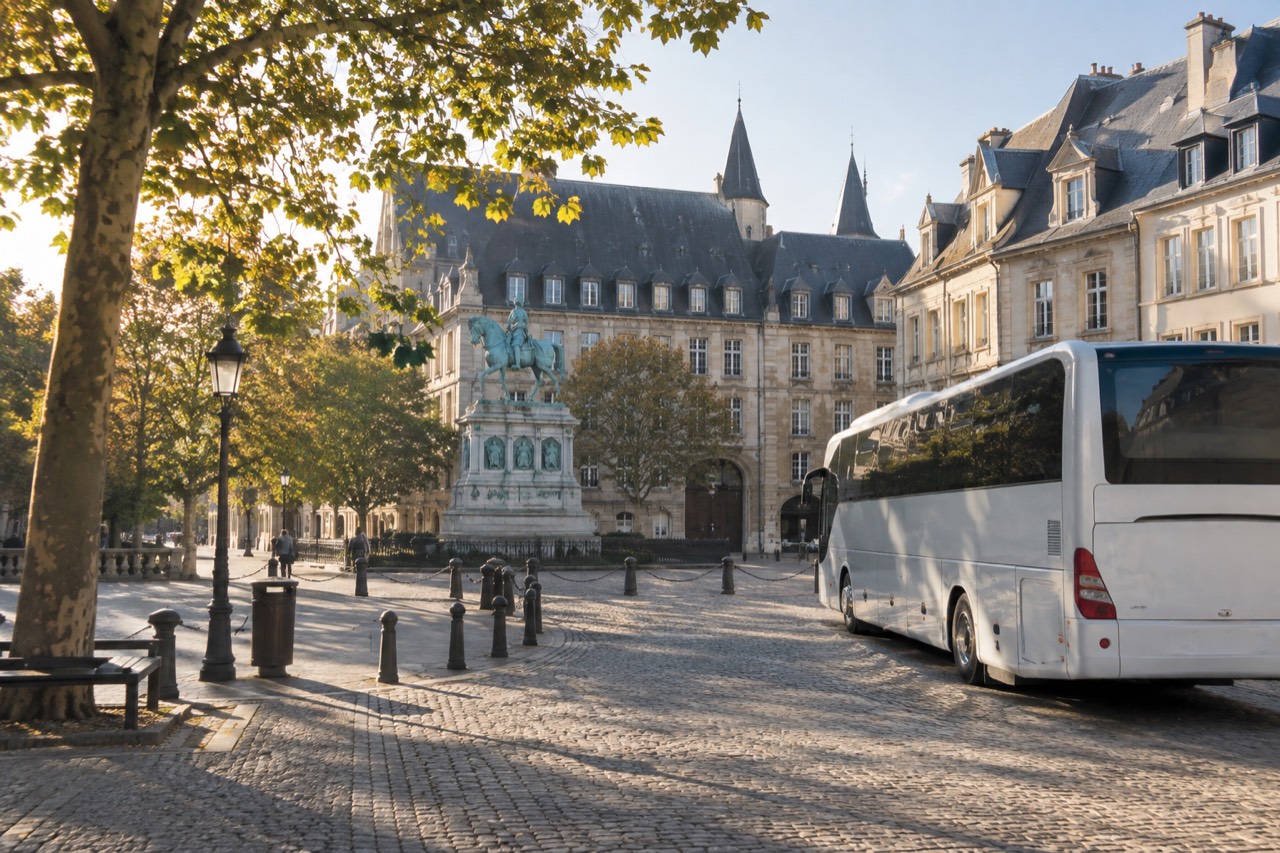 A touring coach parked on a cobblestone square beside old European buildings in morning light