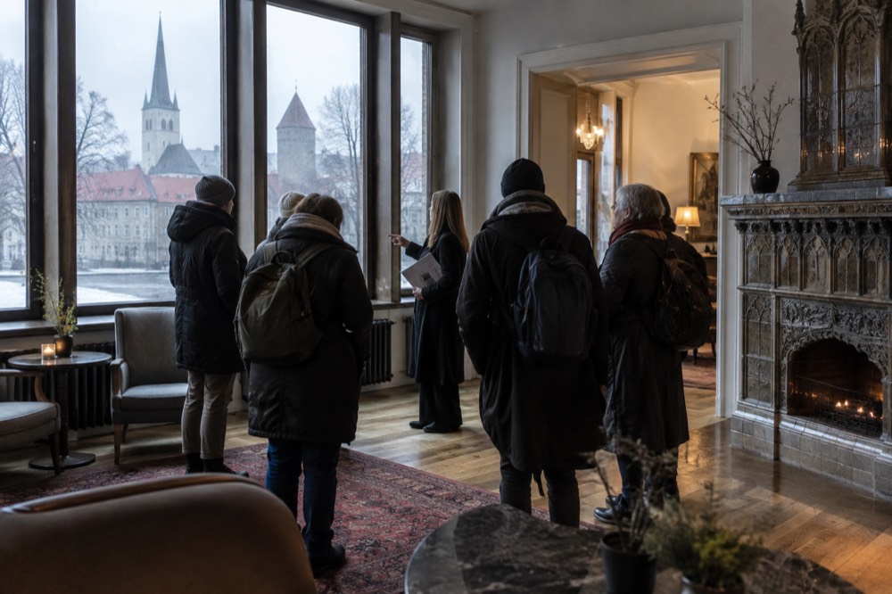 A hotel lobby in Europe with a small group of travellers gathered around a tour leader with documents