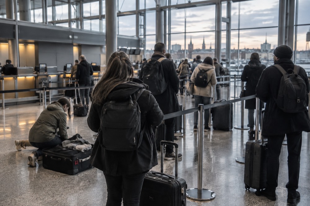 An airport check-in hall with queue barriers and travellers waiting beside their luggage