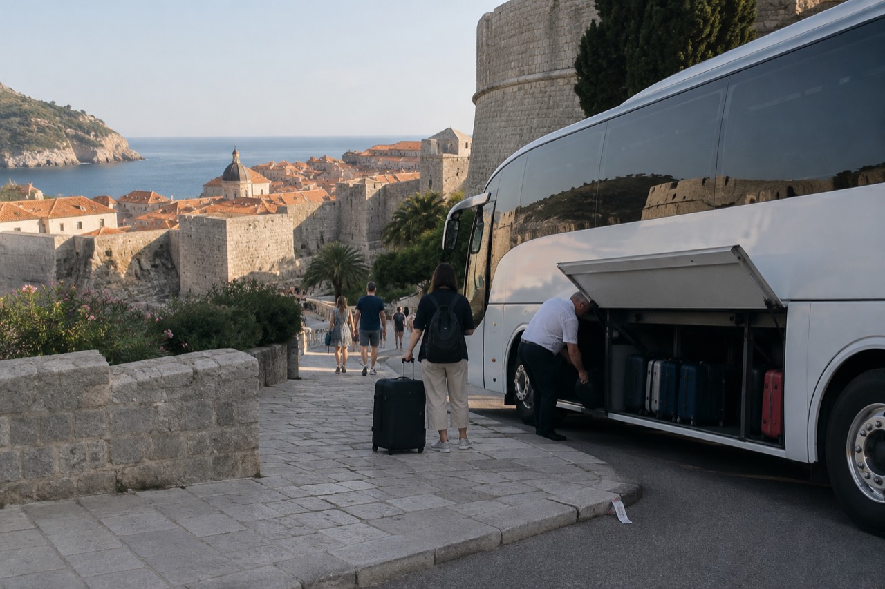 A touring coach parked on a cobblestone square beside old European buildings