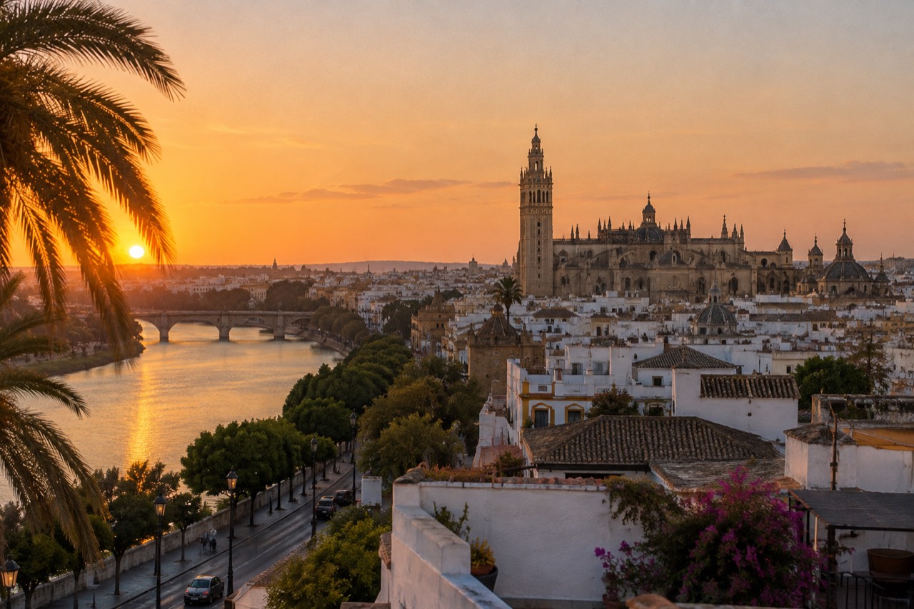 Golden hour over Seville in southern Spain, orange-tiled rooftops beneath the Giralda tower, the Guadalquivir river catching warm light and palm fronds blurred in the foreground.